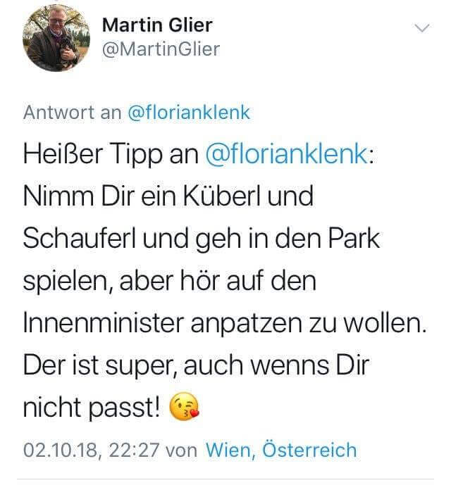Martin Glier von der FPÖ-Presse in Tweet an Florian Klenk vom Falter