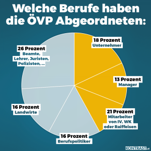 Für was steht die ÖVP? Für was steht Sebastian Kurz? Die Grafik zeigt die Berufe der ÖVP Abgeordneten. Viele haben Unternehmen, abreiten für die Interessensvertretung der Wirtschaft oder die Raiffeisen Bank, auch Manager, Landwirte und Beamte sind gut vertreten. Das merkt man auch an der Arbeit der Regierung
