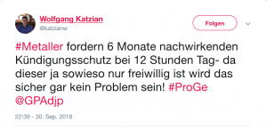 Wolfgang Katzian fordert auf Twitter besseren Kündigungsschutz bei 12-Stunden-Tag. Diese Forderung wird auch bei den Kollektivvertragsverhandlungen erhoben. Kollektivvertrag Metall