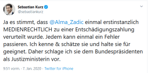 Sebastian Kurz wiederholte die FPÖ Vorwürfe gegen Alma Zadic im Ö1 Morgenjournal. DasBild zeigt die Reaktion von Sebastian Kurz auf Twitter.