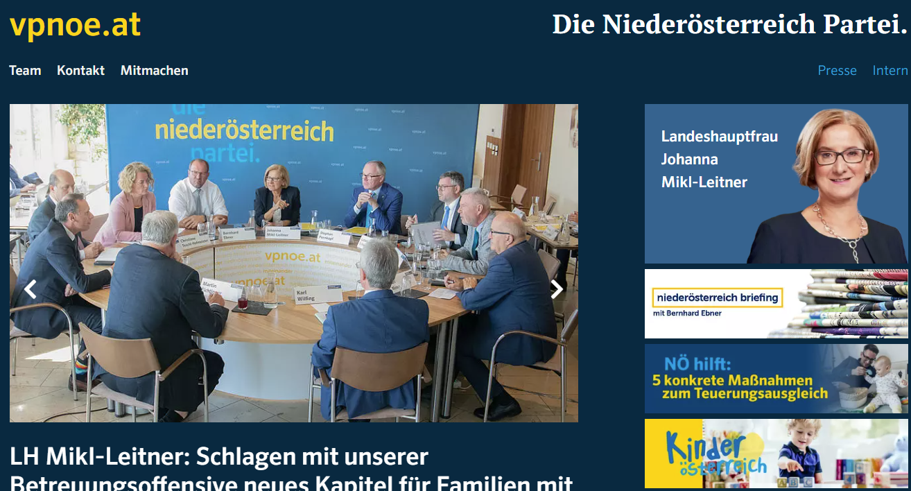 Screenshot der ÖVP-Niederösterreich Homepage