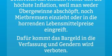 Der Sommer ist bald zu Ende und Österreich hat einfach weiter mit die höchste Inflation, weil man weder Übergewinne abschöpft, noch Mietbremsen einzieht oder in die horrenden Lebensmittelpreise eingreift. Dafür kommt das Bargeld in die Verfassung und Gendern wird verboten. Natascha Strobl