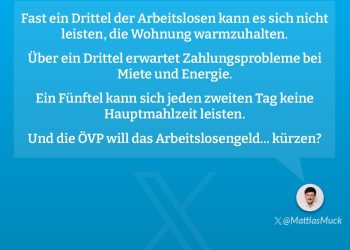 Fast ein Drittel der Arbeitslosen kann es sich nicht leisten, die Wohnung warmzuhalten. Über ein Drittel erwartet Zahlungsprobleme bei Miete und Energie. Ein Fünftel kann sich jeden zweiten Tag keine Hauptmahlzeit leisten. Und die ÖVP will das Arbeitslosengeld... kürzen? Mattias Muck