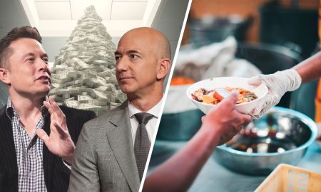 Symbolbild: Milliardäre könnten den Welthunger beenden. Auf der linken Seite des Bildes sieht man Elon Musk und Jeff Bezos vor einem riesigen Haufen Geld. Die rechte Seite des Bildes zeigt eine Hand, die einen Teller mit Essen weiter reicht.
