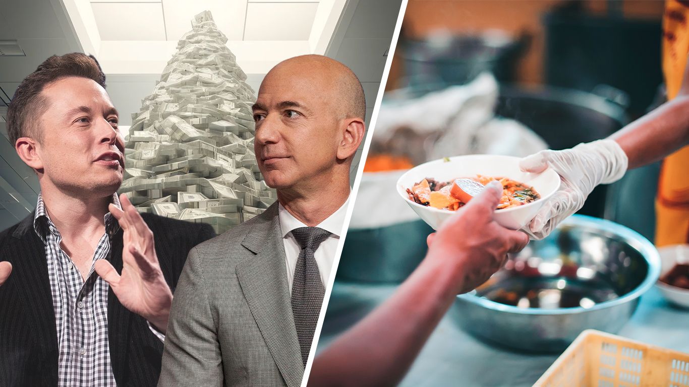 Symbolbild: Milliardäre könnten den Welthunger beenden. Auf der linken Seite des Bildes sieht man Elon Musk und Jeff Bezos vor einem riesigen Haufen Geld. Die rechte Seite des Bildes zeigt eine Hand, die einen Teller mit Essen weiter reicht.