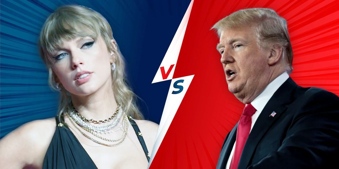 Bild zeigt Taylor Swift und Donald Trump. In der Mitte ist ein Blitz mit "versus" zu sehen.