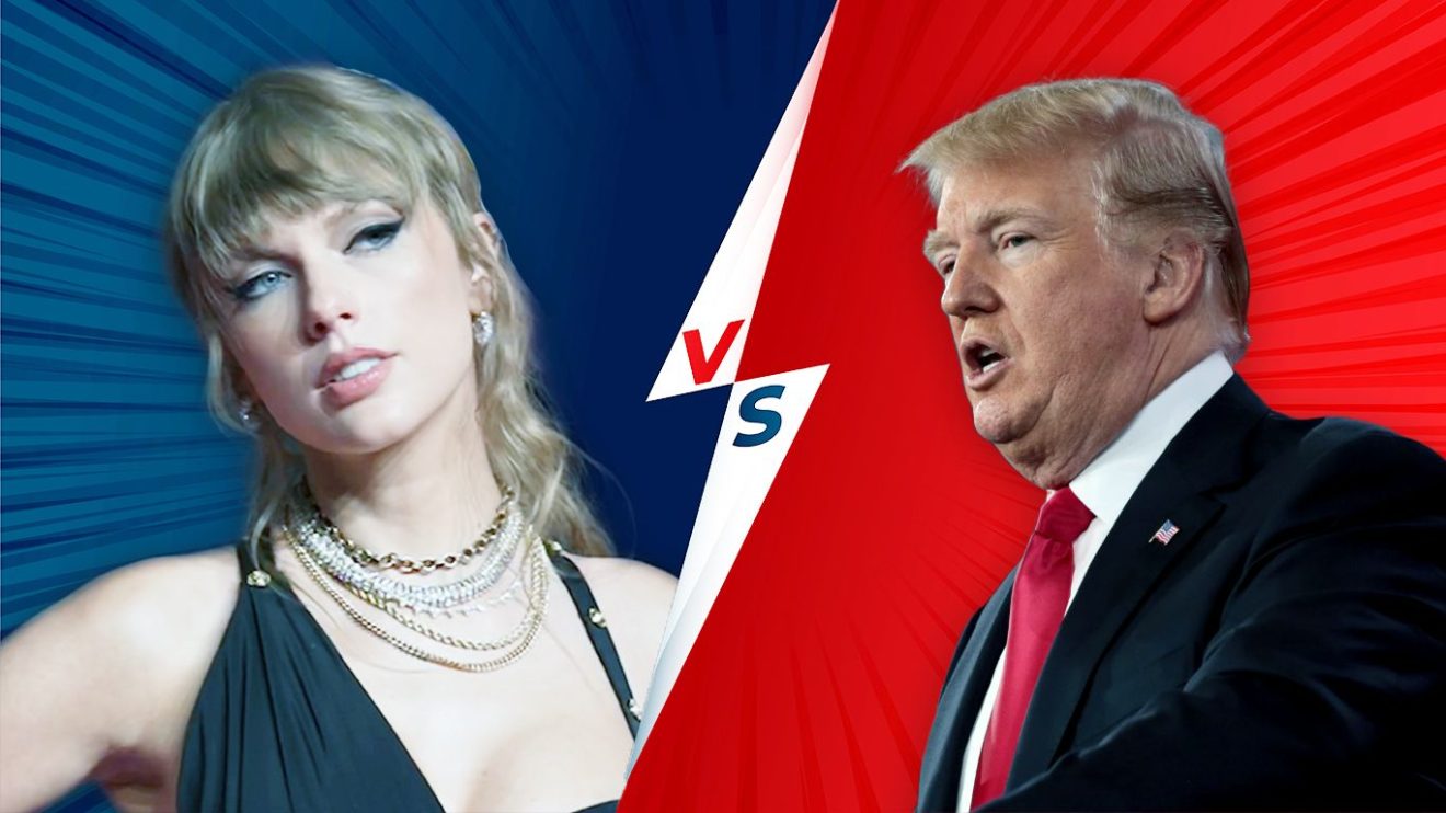 Bild zeigt Taylor Swift und Donald Trump. In der Mitte ist ein Blitz mit "versus" zu sehen.