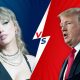 Bild zeigt Taylor Swift und Donald Trump. In der Mitte ist ein Blitz mit "versus" zu sehen.