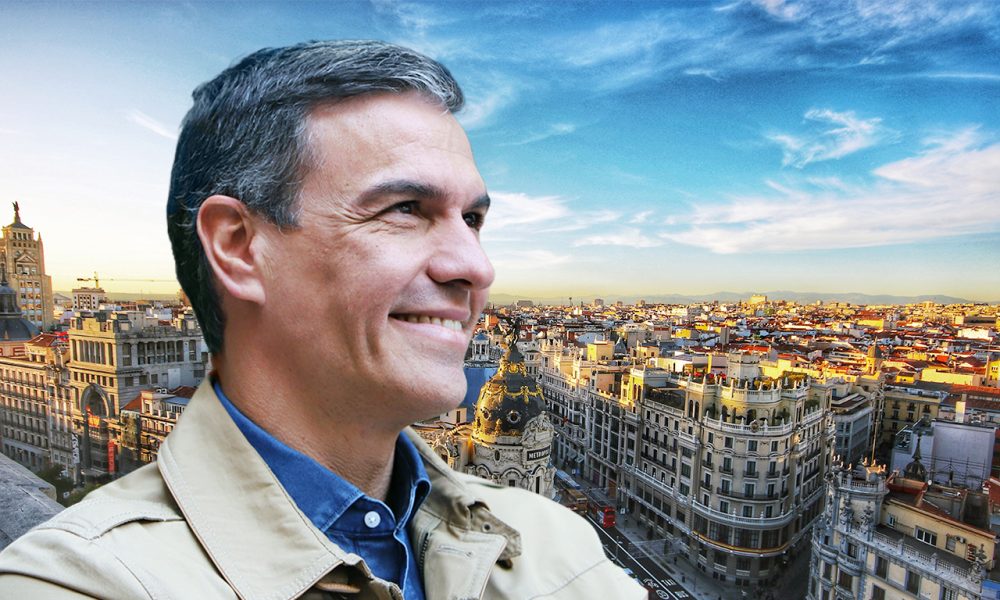 Pedro Sánchez en Úbeda Madird im Hintergrund