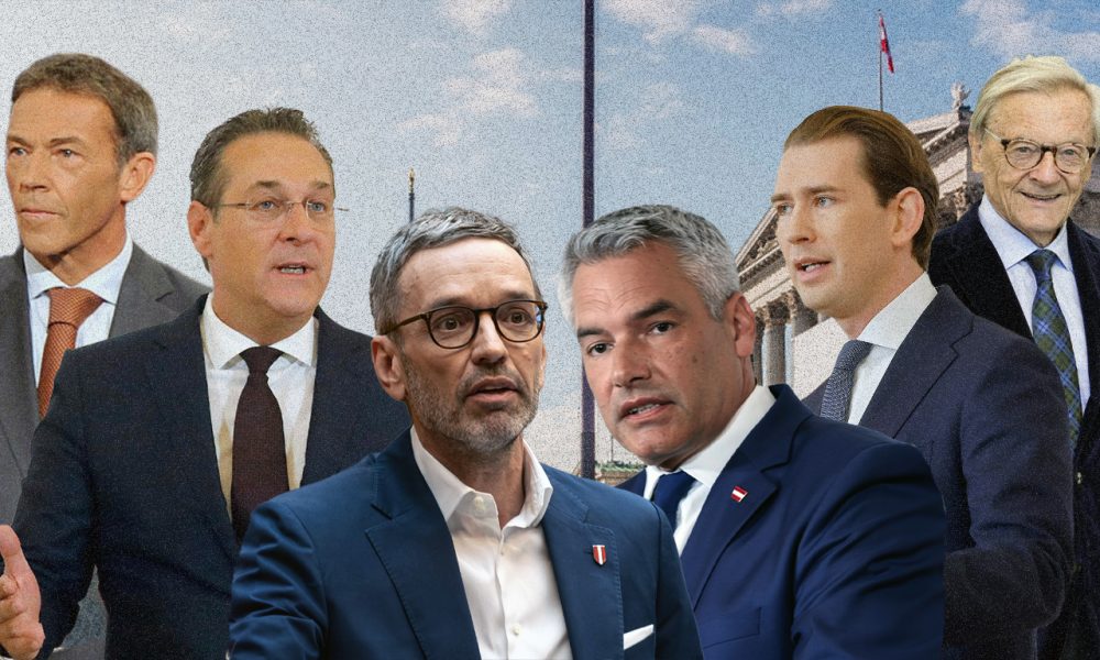 Karl Nehammer/ Herbert Kickl/ Wolfgang Schüssel/ Sebastian Kurz/ Heinz-Christian Strache/ Jörg Haider/ Parlament im Hintergrund