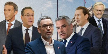 Karl Nehammer/ Herbert Kickl/ Wolfgang Schüssel/ Sebastian Kurz/ Heinz-Christian Strache/ Jörg Haider/ Parlament im Hintergrund