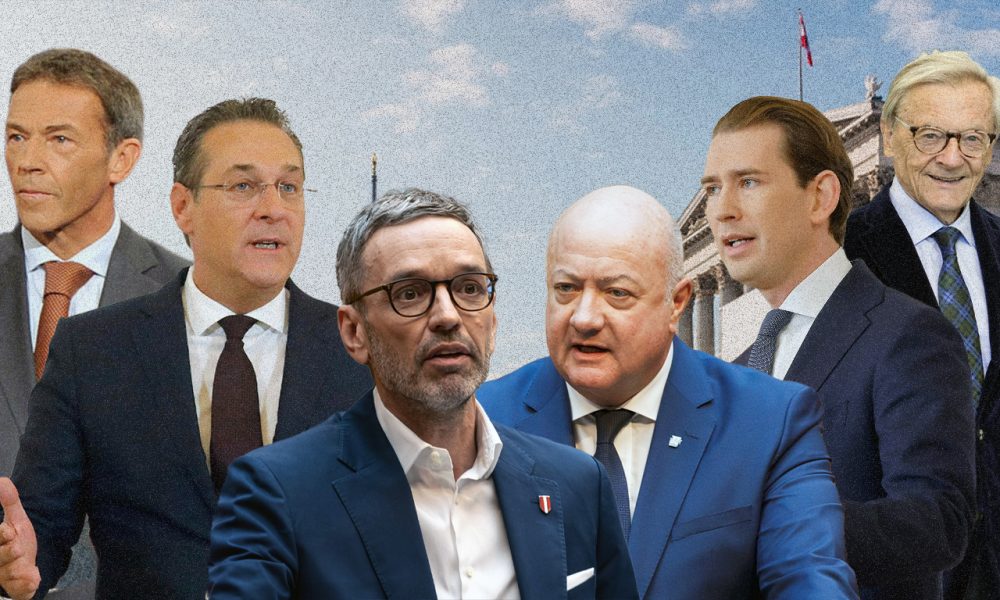 Christian Stocker/Herbert Kickl/ Wolfgang Schüssel/ Sebastian Kurz/ Heinz-Christian Strache/ Jörg Haider/ Parlament im Hintergrund