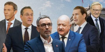 Christian Stocker/Herbert Kickl/ Wolfgang Schüssel/ Sebastian Kurz/ Heinz-Christian Strache/ Jörg Haider/ Parlament im Hintergrund