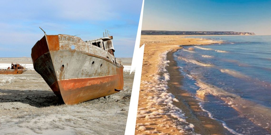 Boot liegt auf dem Trockenen, Aralsee hat wieder mehr Wasser