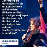 Zitat: Ich fordere die Musikindustrie, die mit Künstlerinnen und Künstlern Millionen verdient, dazu auf, gerade jungen Musikerinnen und Musikern einen anständigen Lohn und eine Krankenversicherung zu bezahlen! Chappell Roan