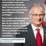 Zitat: Österreich war immer eines der wirtschaftlich und sozial erfolgreichsten Länder der Welt. Derzeit stehen wir vor der großen Herausforderung, unser Budget in Ordnung zu bringen. Das ist keine einfache Aufgabe, aber ich bin zuversichtlich, dass sie uns gelingt. Das ist die Basis dafür, unseren starken Sozialstaat und unsere große Wirtschaftskraft nicht nur zu verteidigen, sondern auszubauen. Markus Marterbauer