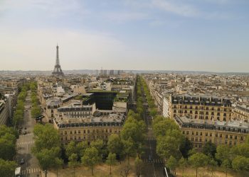 Blick über eine grüne Pariser Allee mit dem Eiffelturm im Hintergrund – Symbol für die Verkehrswende in der französischen Hauptstadt.