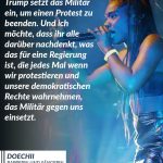 Zitat: Trump setzt das Militär ein, um einen Protest zu beenden. Und ich möchte, dass ihr alle darüber nachdenkt, was das für eine Regierung ist, die jedes Mal, wenn wir protestieren und unsere demokratischen Rechte wahrnehmen, das Militär gegen uns einsetzt. Doechii