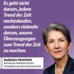Zitat: Es geht nicht darum, jedem Trend der Zeit nachzulaufen, sondern vielmehr darum, unsere Überzeugungen zum Trend der Zeit zu machen. Barbara Prammer