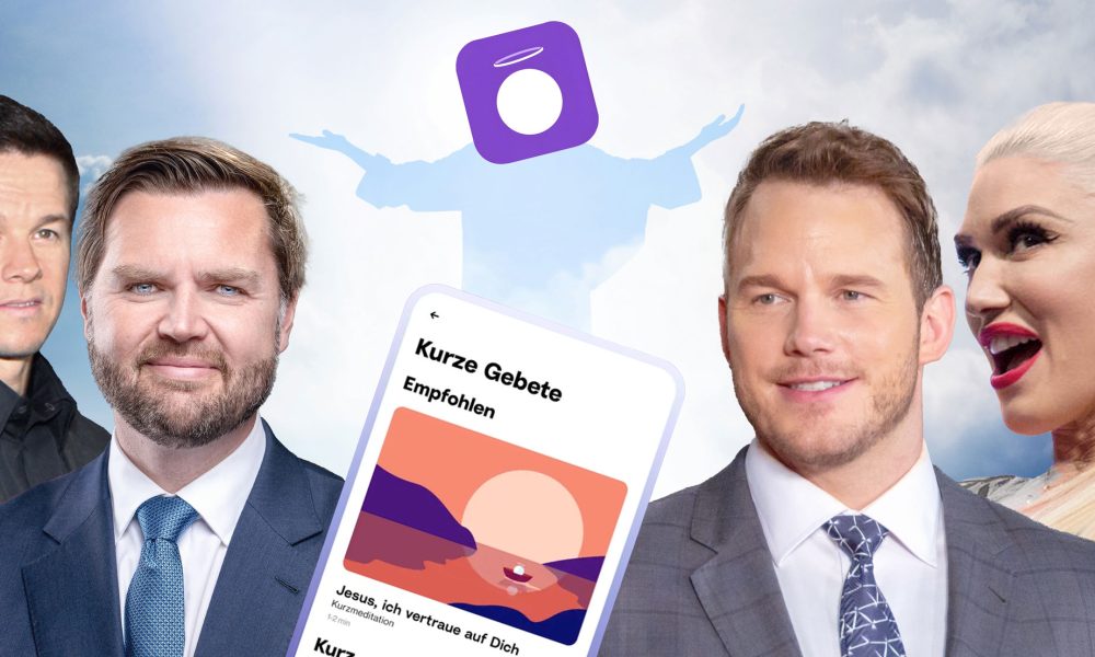Hallow App, Wahlberg, Vance, Pratt, Stefani (Foto: Unsplash+, Mark Wahlberg / Eva Rinaldi Photography (CC BY-SA 2.0), Dick Thomas Johnson from Tokyo, Japan (CC BY 2.0), Hallow-App)