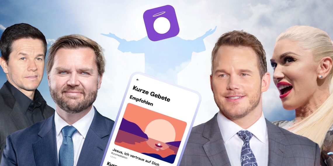 Hallow App, Wahlberg, Vance, Pratt, Stefani (Foto: Unsplash+, Mark Wahlberg / Eva Rinaldi Photography (CC BY-SA 2.0), Dick Thomas Johnson from Tokyo, Japan (CC BY 2.0), Hallow-App)