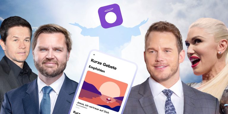 Hallow App, Wahlberg, Vance, Pratt, Stefani (Foto: Unsplash+, Mark Wahlberg / Eva Rinaldi Photography (CC BY-SA 2.0), Dick Thomas Johnson from Tokyo, Japan (CC BY 2.0), Hallow-App)