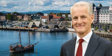 Jonas Gahr Støre - Premierminister von Norwegen - vor Foto von Oslo. (Foto: Wikepedia/Freepik, eigene Montage)
