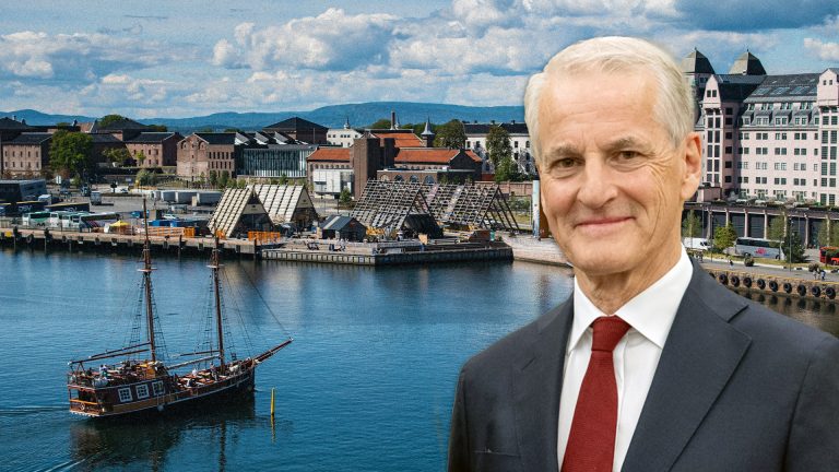 Jonas Gahr Støre - Premierminister von Norwegen - vor Foto von Oslo. (Foto: Wikepedia/Freepik, eigene Montage)
