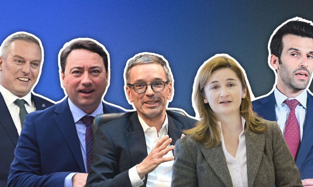 Mario Kunasek, Manfred Haimbuchner, Herbert Kickl, Marlene Svazek und Udo Landbauer. Fotomontage (© Max Slovencik / EXPA / picturedesk.com © Christian Leopold / Franz Neumayr / picturedesk.com © Hans Klaus Techt / APA / picturedesk.com © Werner Kerschbaummayr / fotokerschi / picturedesk.com © Helmut Fohringer / APA / picturedesk.com)