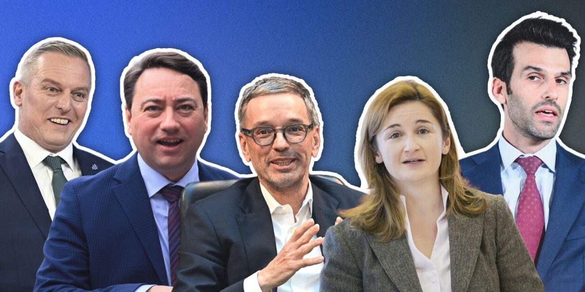 Mario Kunasek, Manfred Haimbuchner, Herbert Kickl, Marlene Svazek und Udo Landbauer. Fotomontage (© Max Slovencik / EXPA / picturedesk.com © Christian Leopold / Franz Neumayr / picturedesk.com © Hans Klaus Techt / APA / picturedesk.com © Werner Kerschbaummayr / fotokerschi / picturedesk.com © Helmut Fohringer / APA / picturedesk.com)