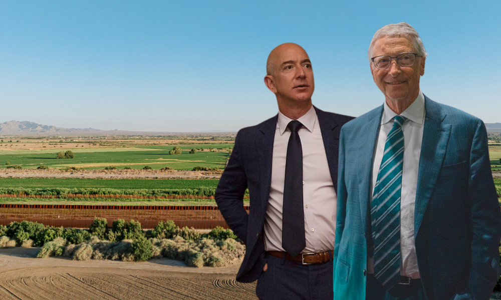 Jeff Bezos und Bill Gates kaufen US-Ackerland in großem Stil. (Foto: Senior Master Sgt. Adrian Cadiz/CC BY 2.0, Ben Dance/C BY 2.0, Unsplash/Getty Images; eigene Montage)
