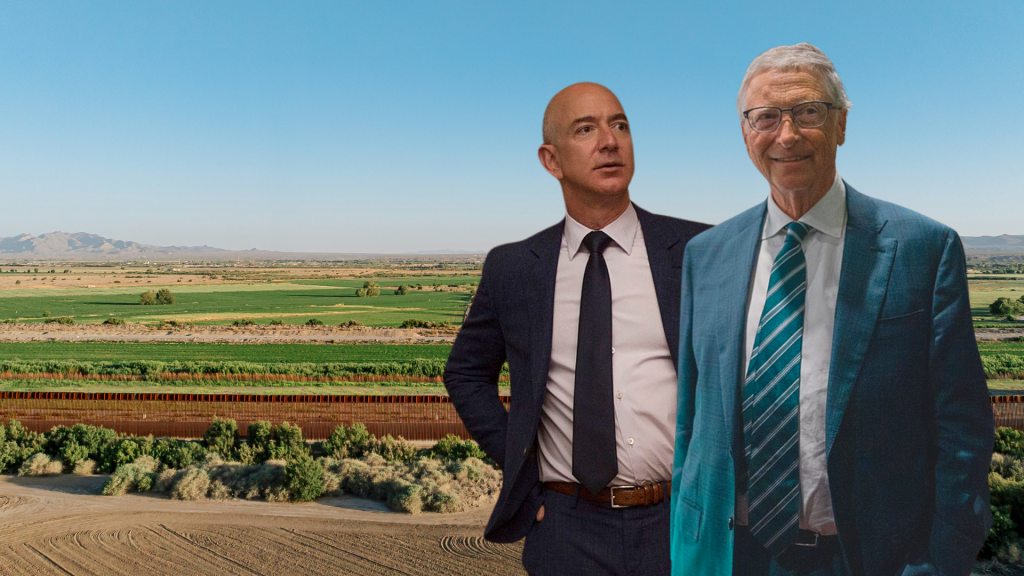 Jeff Bezos und Bill Gates kaufen US-Ackerland in großem Stil. (Foto: Senior Master Sgt. Adrian Cadiz/CC BY 2.0, Ben Dance/C BY 2.0, Unsplash/Getty Images; eigene Montage)