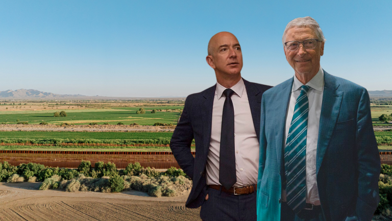 Jeff Bezos und Bill Gates kaufen US-Ackerland in großem Stil. (Foto: Senior Master Sgt. Adrian Cadiz/CC BY 2.0, Ben Dance/C BY 2.0, Unsplash/Getty Images; eigene Montage)