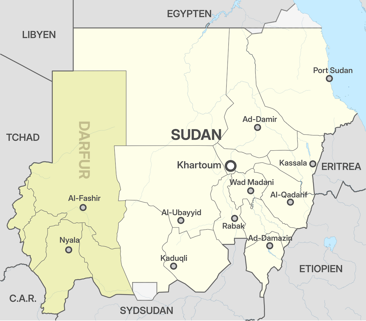 Kartenansicht Sudan mit der umkämpften Region Darfur (Bild: lex.dk / CC BY SA 3.0)