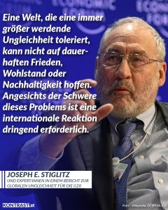 Ein unabhängiges Expertengremium der G20 - unter der Leitung von Wirtschaftsnobelpreisträger Joseph Stiglitz - warnt in einem neuen Bericht vor einer „Ungleichheitskrise“. Die Autor:innen kommen zu dem Schluss, dass extreme Ungleichheit kein Naturereignis ist, sondern das Ergebnis politischer Entscheidungen. Der Bericht zeichnet ein Bild massiver Konzentration von Einkommen und Vermögen. In 83 Prozent der Staaten liegt die Einkommensungleichheit über dem vom Weltbank-Standard definierten Schwellenwert für „hohe Ungleichheit“. Rund 90 Prozent der Weltbevölkerung leben damit in Gesellschaften mit stark ungleicher Verteilung. Zitat: Eine Welt, die eine immer größer werdende Ungleichheit toleriert, kann nicht auf dauerhaften Frieden, Wohlstand oder Nachhaltigkeit hoffen. Angesichts der Schwere dieses Problems ist eine internationale Reaktion dringend erforderlich. Joseph E. Stiglitz