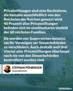 Zitate Privatstiftungen sollten ursprünglich einem gemeinnützigen Zweck dienen, etwa in den Bereichen Soziales, Bildung oder Kultur. Doch heute sind sie vor allem ein beliebtes Werkzeug, um Vermögen zu sichern und Steuern zu vermeiden. Sie sind besonders beliebt bei den Reichsten der Reichen – auch weil sie kaum von den Steuerbehörden kontrolliert werden. Zitat: Privatstiftungen sind eine Rechtsform, die beinahe ausschließlich von den Reichsten der Reichen genutzt wird. 40 Prozent aller Privatstiftungen befinden sich im unmittelbaren Umfeld der 60 reichsten Familien. Sie werden von Superreichen benutzt, um ihr Vermögen vor Steuerbehörden zu verschleiern. Auch deshalb weil drei Viertel aller Privatstiftungen überhaupt noch nie von den Steuerbehörden kontrolliert worden sind. Stephan Pühringer