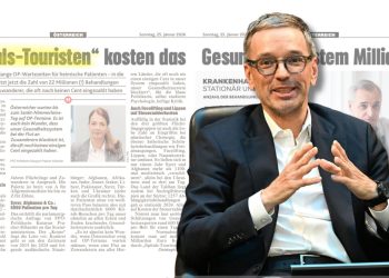 Krone Artikel über "Spital Touristen" und Herbert Kickl von der FPÖ. (Foto: Screenshot Kronen Zeitung; Helmut Fohringer/APA/Picturedesk - eigene Montage)