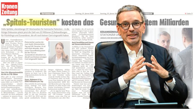 Krone Artikel über "Spital Touristen" und Herbert Kickl von der FPÖ. (Foto: Screenshot Kronen Zeitung; Helmut Fohringer/APA/Picturedesk - eigene Montage)