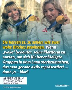 An diesem Wochenende gewannen Amber Glenn und ihre Teamkollegin Alysa Liu die Goldmedaille im Team-Eiskunstlauf bei den Olympischen Winterspielen 2026. Glenn hatte bereits für Aufsehen gesorgt, als sie in einer Pressekonferenz vor den Olympischen Spielen offen über Trumps Angriffe auf die LGBTQ+-Gemeinschaft sprach. Es folgten Morddrohungen und eine vorübergehender Rückzug aus sozialen Medien. Nach ihrem Goldgewinn kehrte Glenn nun zu TikTok zurück, um Fotos von sich und Liu mit ihren Medaillen zu teilen. Zu ihren Bildern postete sie: "Sie hassen es, zwei woke B****es gewinnen zu sehen", wobei sie damit rechte Kritiker ihres politischen Engagements verspottete. Zitat: Sie hassen es, zu sehen, wie zwei woke Bitches gewinnen. Wenn "woke" bedeutet, seine Plattform zu nutzen, um sich für benachteiligte Gruppen in dem Land starkzumachen, das man gerade aktiv repräsentiert... dann ja - klar? Amber Glenn