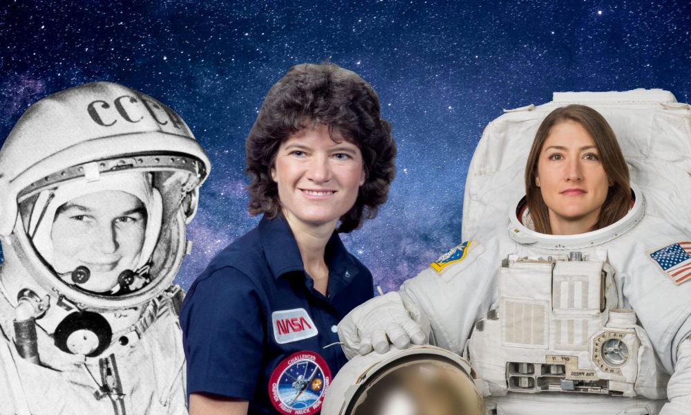 Frauen im All, Astronautinnen Valentina Tereshkova, Sally Ride, Christina Koch; Foto: NASA und Commons, eigene Montage