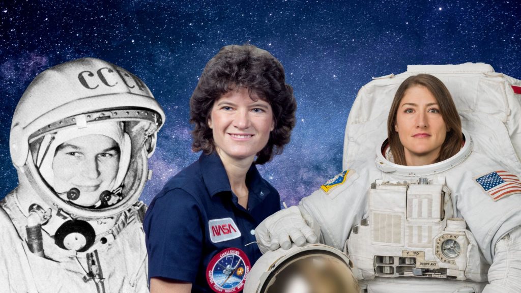 Frauen im All, Astronautinnen Valentina Tereshkova, Sally Ride, Christina Koch; Foto: NASA und Commons, eigene Montage