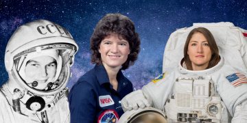 Frauen im All, Astronautinnen Valentina Tereshkova, Sally Ride, Christina Koch; Foto: NASA und Commons, eigene Montage