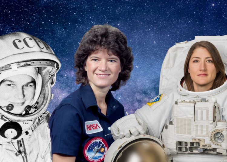 Frauen im All, Astronautinnen Valentina Tereshkova, Sally Ride, Christina Koch; Foto: NASA und Commons, eigene Montage