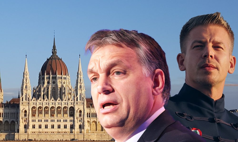 Viktor Orbán und Péter Magyar vor dem ungarischen Parlament. Fotocollage