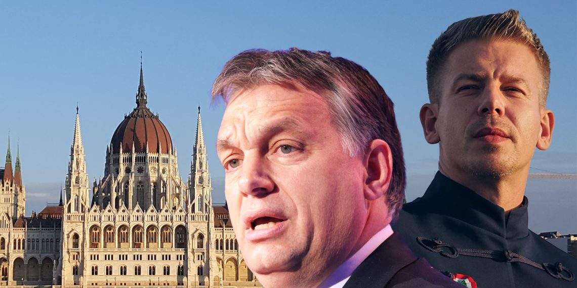 Viktor Orbán und Péter Magyar vor dem ungarischen Parlament. Fotocollage