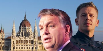 Viktor Orbán und Péter Magyar vor dem ungarischen Parlament. Fotocollage
