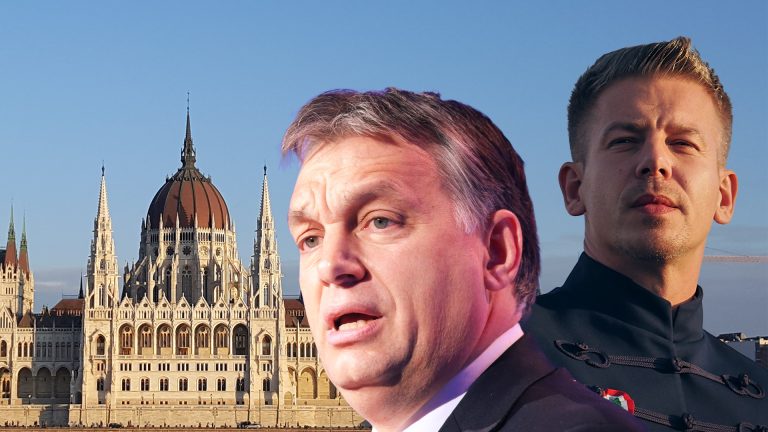 Viktor Orbán und Péter Magyar vor dem ungarischen Parlament. Fotocollage