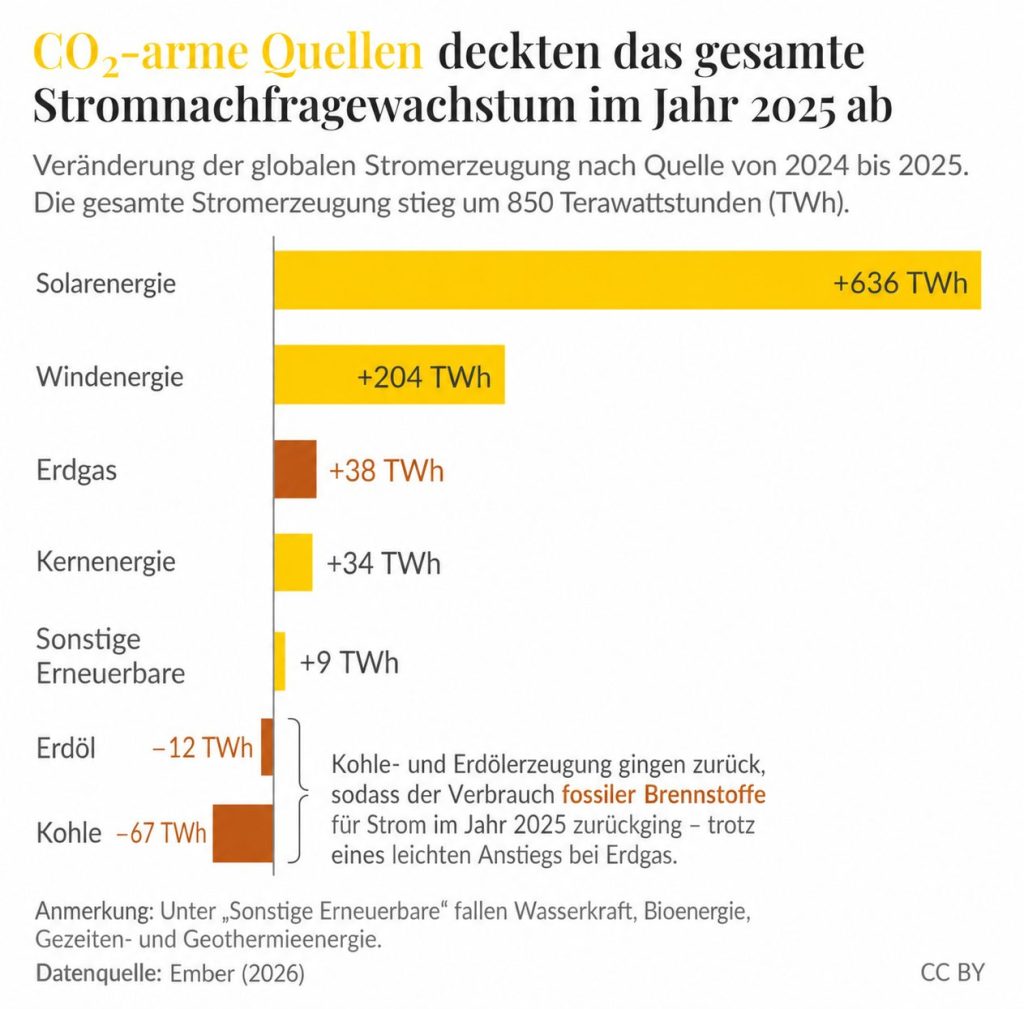 CO2-arme Energiequellen deckten 2025 das ganze Mehr der Stromnachfrage ab. (Quelle: Our World in Data/Kontrast.at)