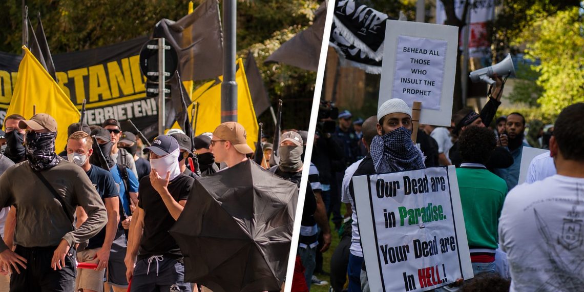 Identitäre auf einer Demo (links) und Islamisten auf einer Demo (rechts). (Foto: Ivan Radic/flickr/ CC BY 2.0, Jamie Kennedy/Wikipedia/ CC BY 2.0)