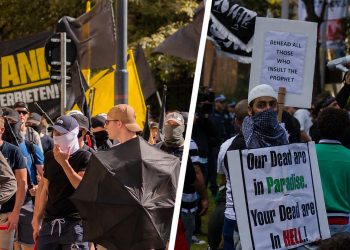 Identitäre auf einer Demo (links) und Islamisten auf einer Demo (rechts). (Foto: Ivan Radic/flickr/ CC BY 2.0, Jamie Kennedy/Wikipedia/ CC BY 2.0)